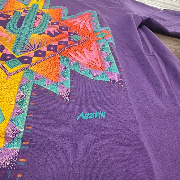 Vintage 90s Oneita Purple Men L Cactus Lizard Arizona Tribal Austin T-Shirt USA - Picture 5 of 9
